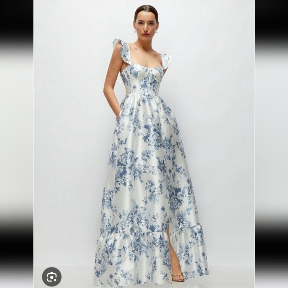 Dessy Collection Floral Corset Gown Blue Cottage Rose, SIZE 6